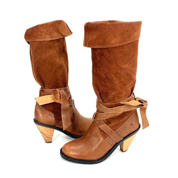 Report Shoes - Slouch Boots Heels Brown Suede Leather Report Lace Up Size 6.5